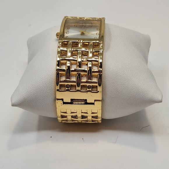 Basket Weave Gold Tone Cuff Bracelet Wristwatch Watch Adjustable Workwear Casual - Picture 3 of 9